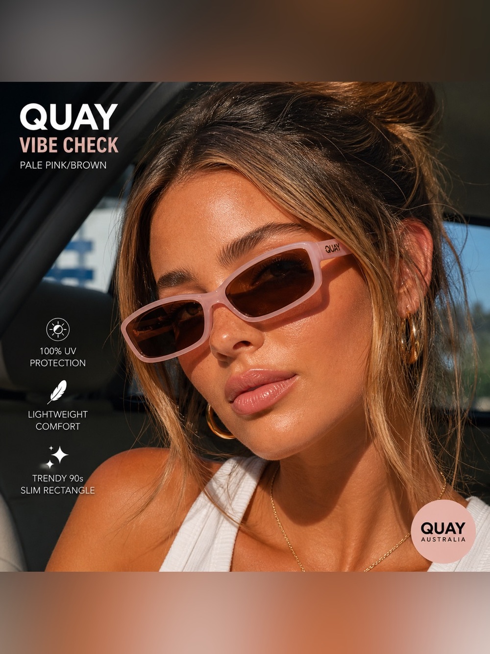 Quay Vibe Check Sunglasses Pale Pink Brown Slim Rectangle 90s Y2K UV, NWT